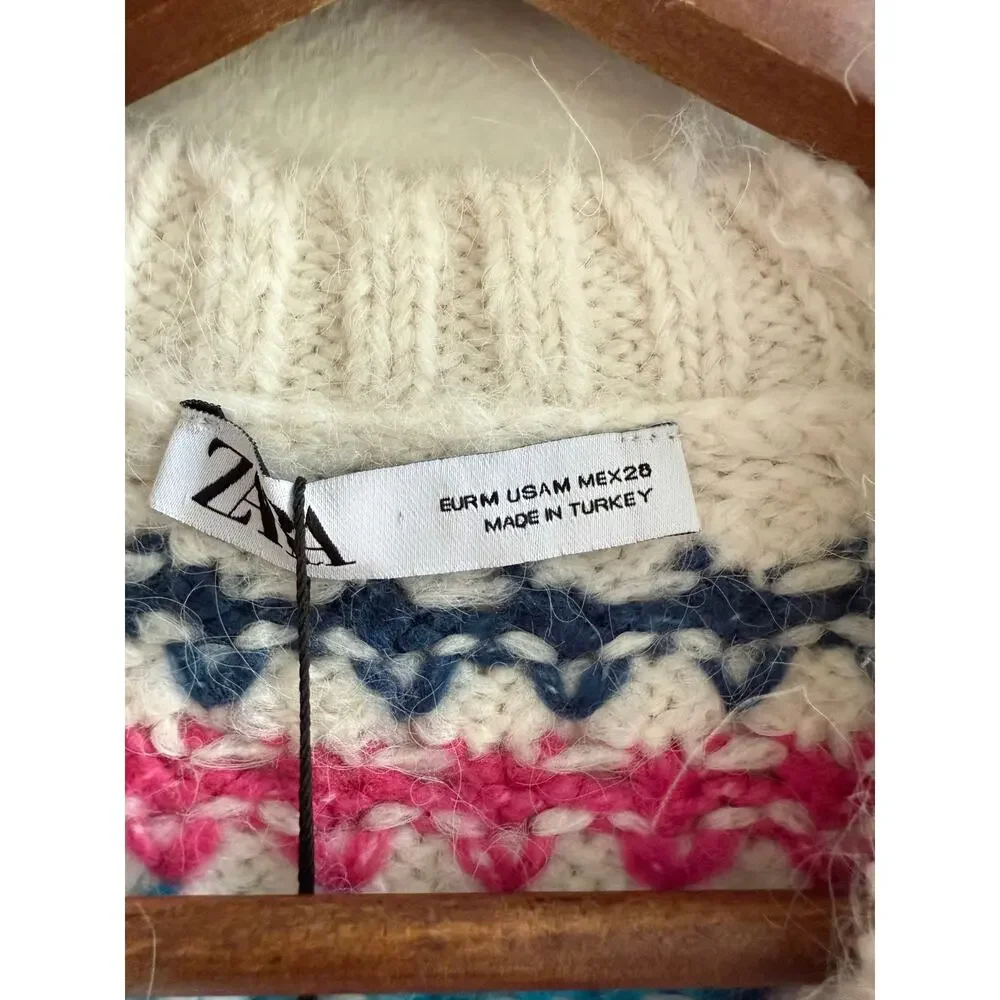 Zara NWT Chunky White Blue Pink Striped Knit Crewneck Pullover Sweater Medium - Picture 10 of 16